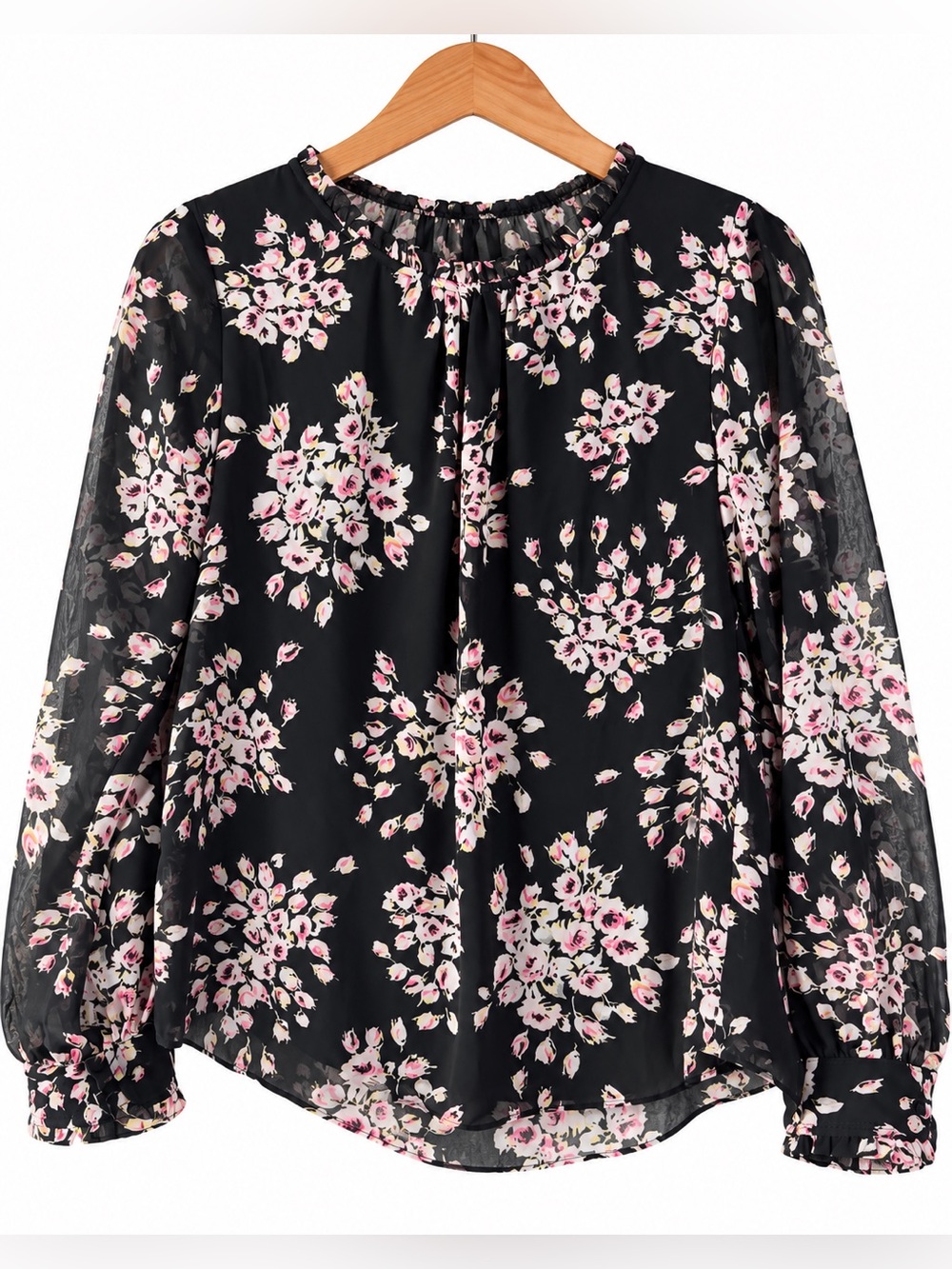 WHBM Black Floral Blouse Size 6 Sheer Sleeve Ruffle Boho Romantic Work Top
